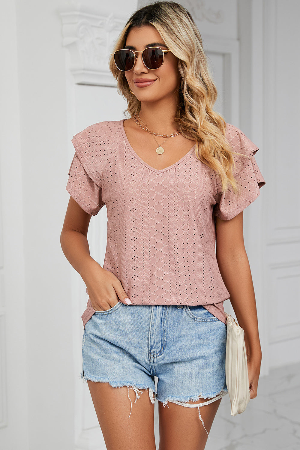 Eyelet V-Neck Short Sleeve T-Shirt-Angel Casuals