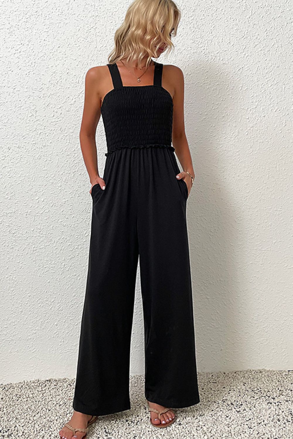 Smocked Sleeveless Wide Leg Jumpsuit with Pockets-Angel Casuals