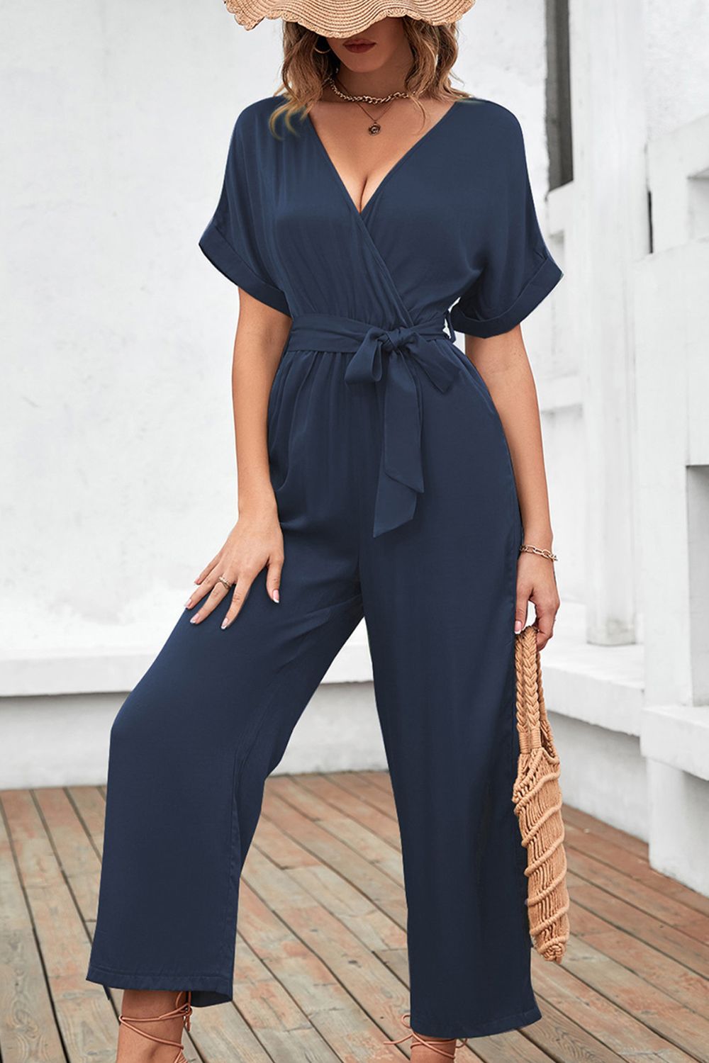 Tie Waist Surplice Wide Leg Jumpsuit-Angel Casuals