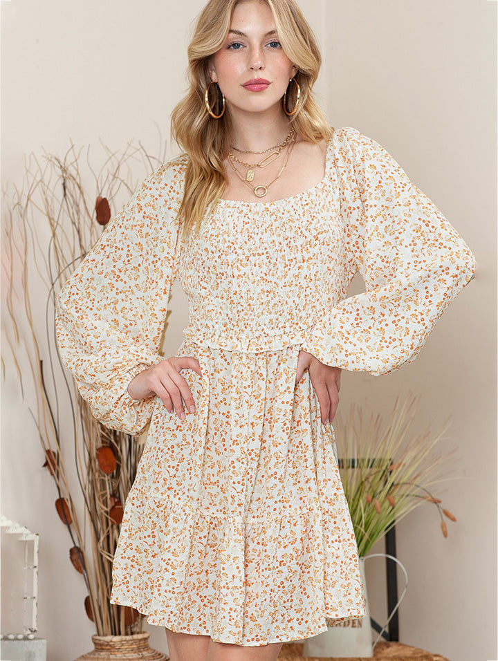 Printed Square Neck Long Sleeve Smocked Dress-Angel Casuals