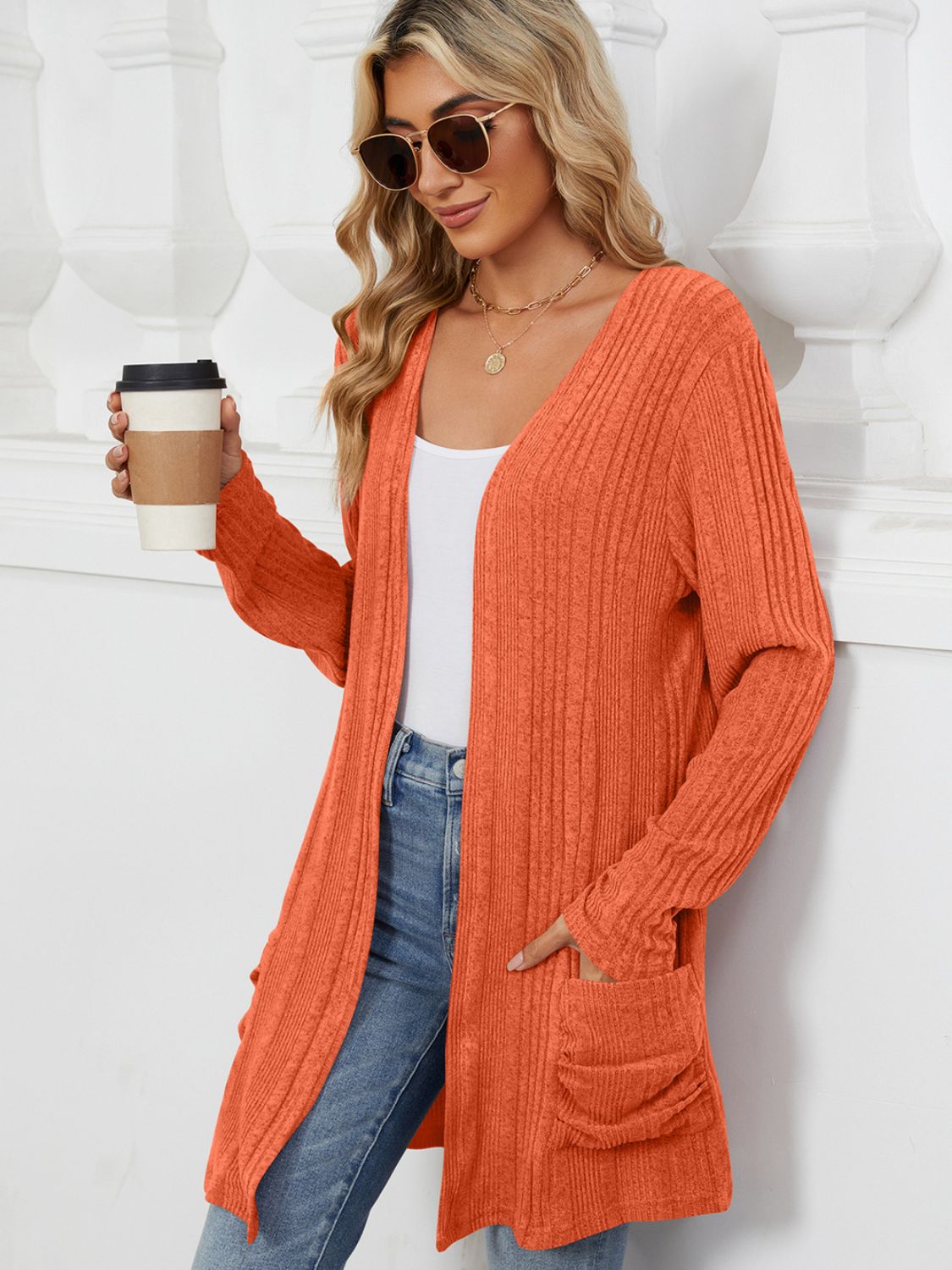 Pocketed Open Front Long Sleeve Cardigan-Angel Casuals