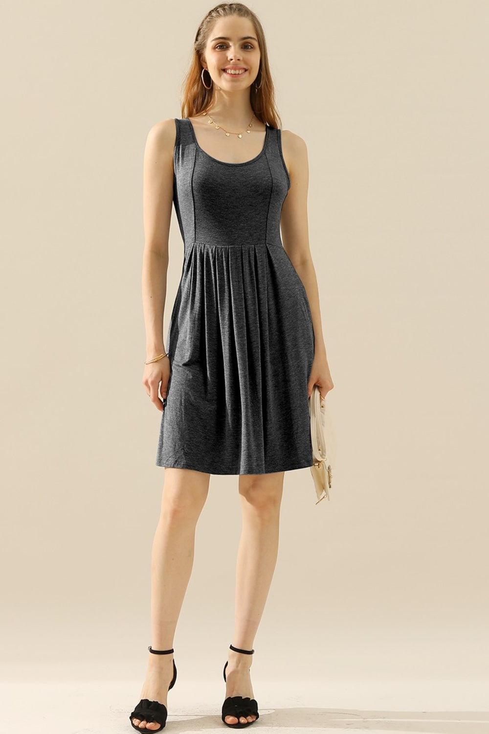 Doublju Full Size Round Neck Ruched Sleeveless Dress with Pockets-Angel Casuals