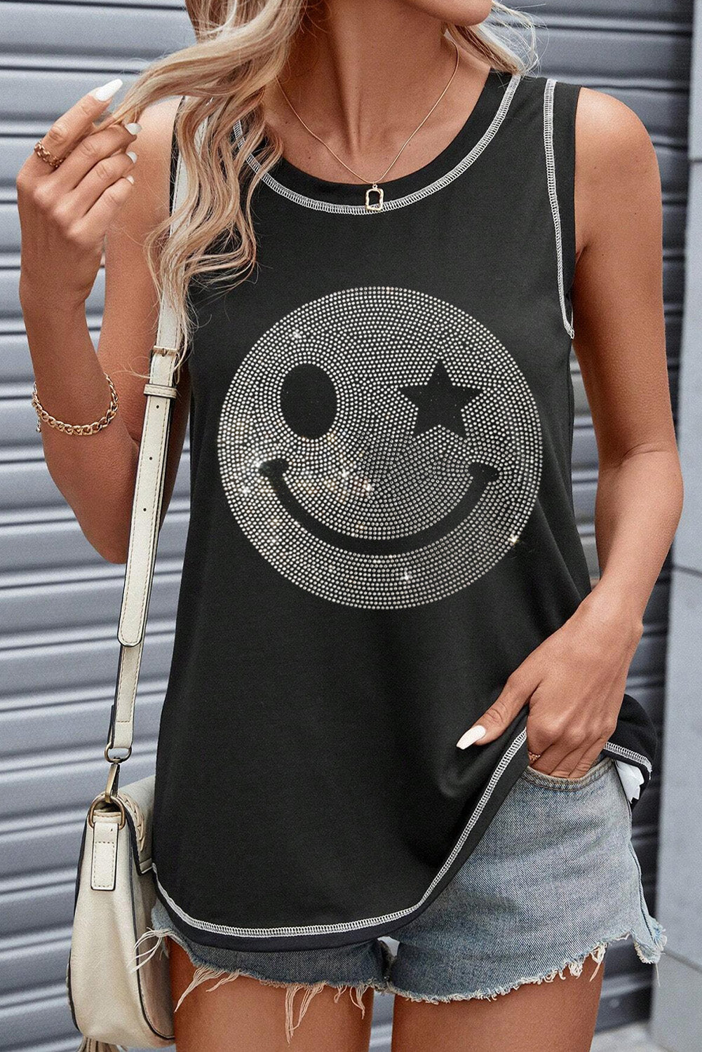 Rhinestone Smile Face Round Neck Tank-Angel Casuals