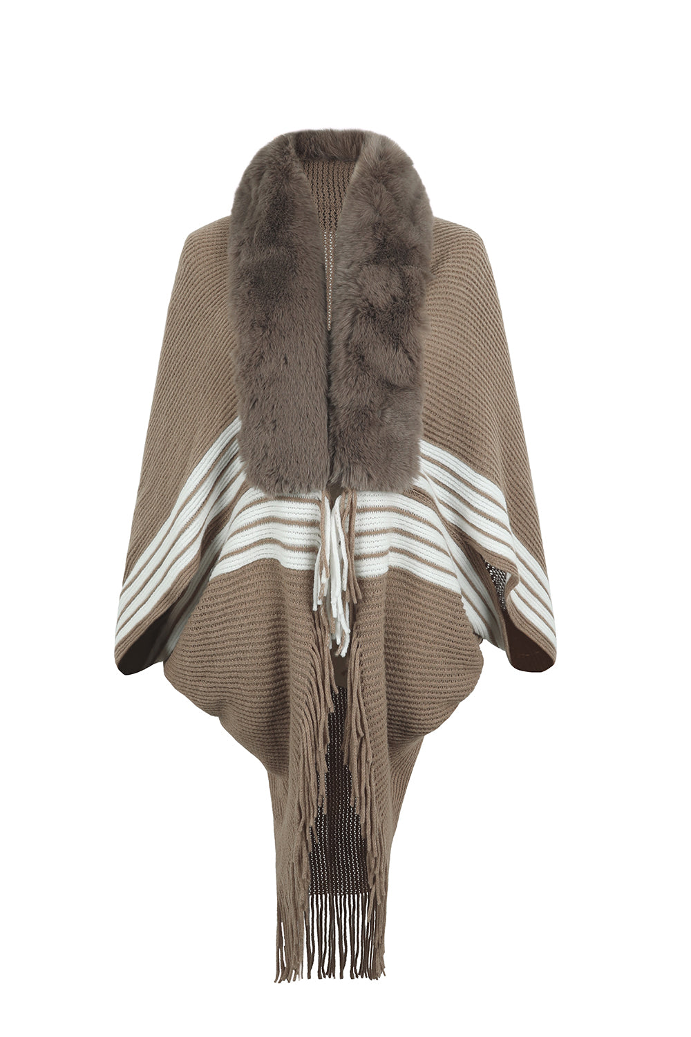 Striped Fringe Detail Long Sleeve Poncho-Angel Casuals