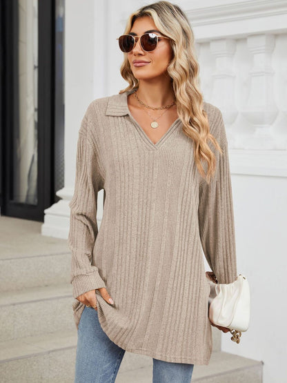 Slit Johnny Collar Long Sleeve T-Shirt-Angel Casuals
