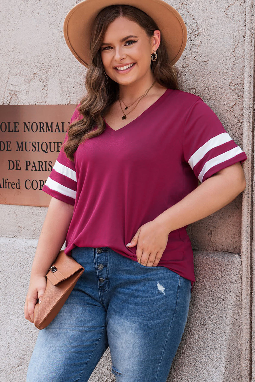 Plus Size Striped V-Neck Tee Shirt-Angel Casuals