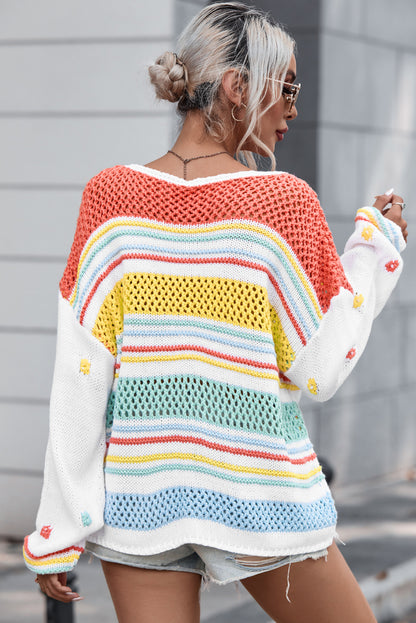 Hollow Striped Color Block Round Neck Sweater-Angel Casuals