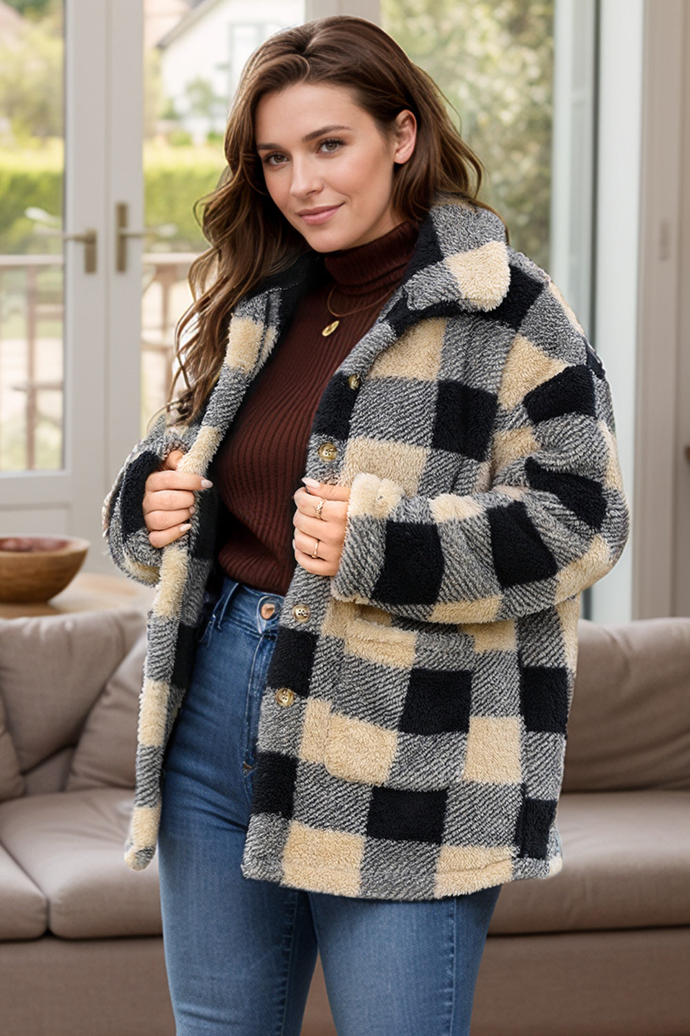 Plus Size Plaid Button Up Long Sleeve Coat-Angel Casuals