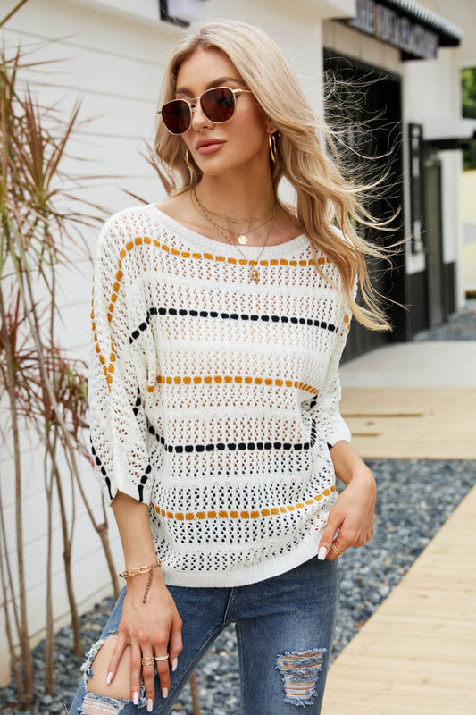 Striped Openwork Three-Quarter Sleeve Knit Top-Angel Casuals