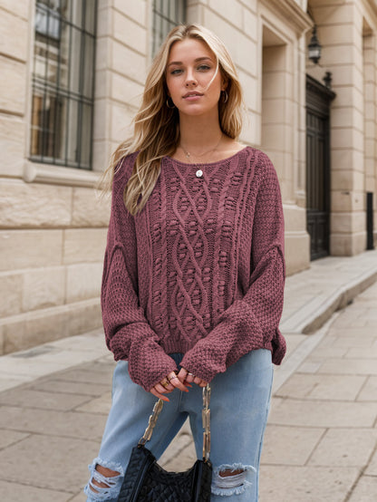 Round Neck Dropped Shoulder Long Sleeve Sweater-Angel Casuals