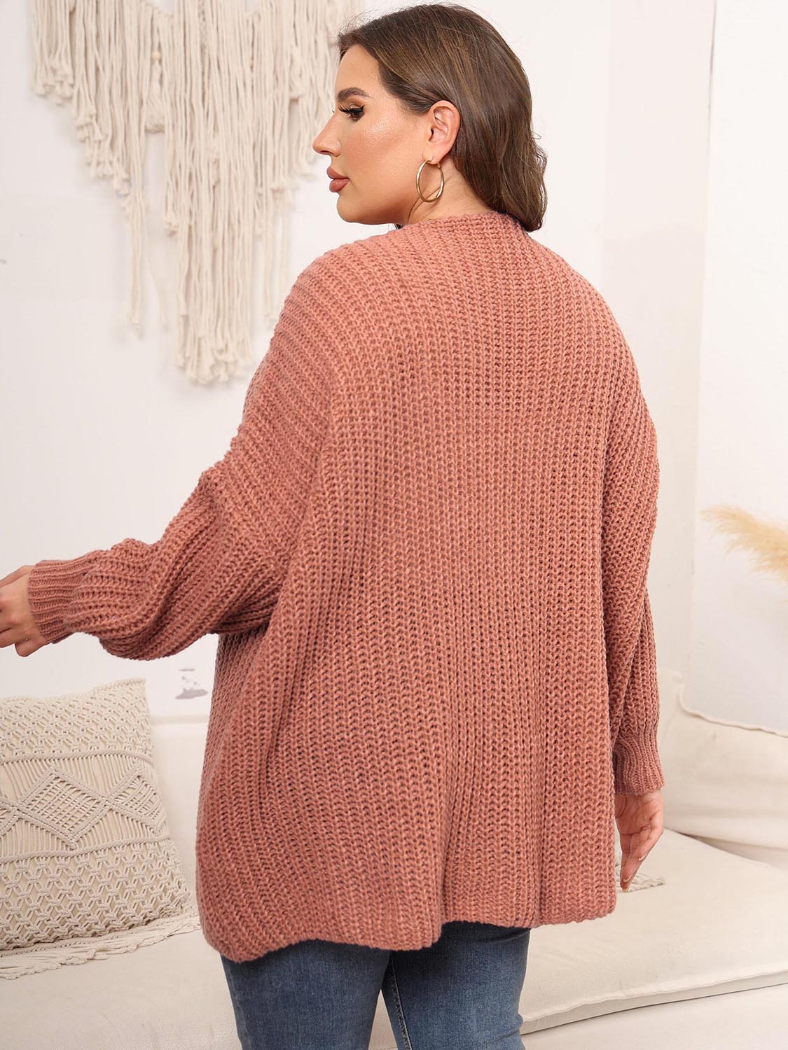 Plus Size Open Front Dropped Shoulder Knit Cardigan-Angel Casuals
