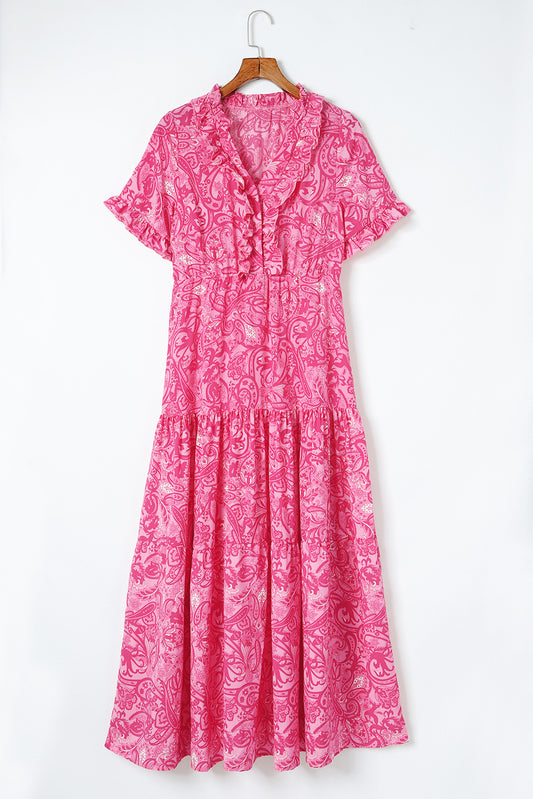 Paisley Print Flounce Sleeve Maxi Dress-Angel Casuals