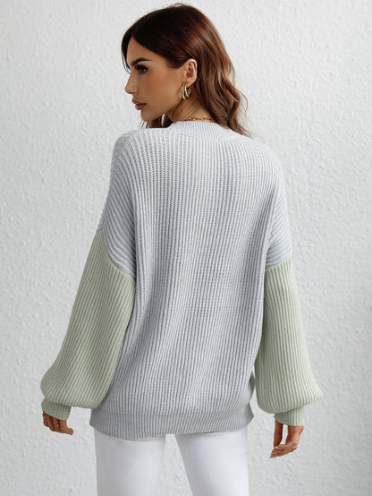 Two-Tone Rib-Knit Dropped Shoulder Sweater-Angel Casuals