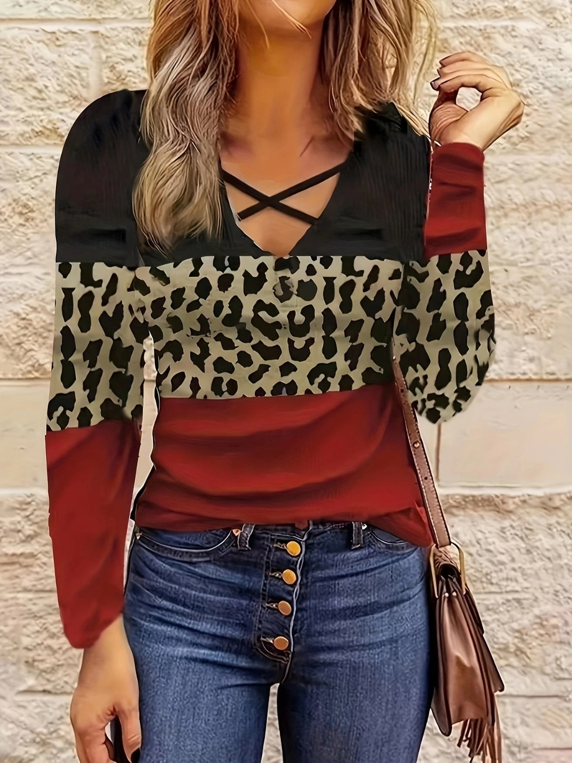 Crisscross Color Block Long Sleeve T-Shirt-Angel Casuals