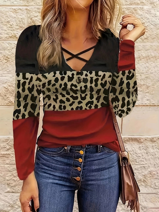 Crisscross Color Block Long Sleeve T-Shirt-Angel Casuals