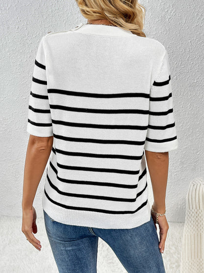 Striped Round Neck Half Sleeve Knit Top-Angel Casuals