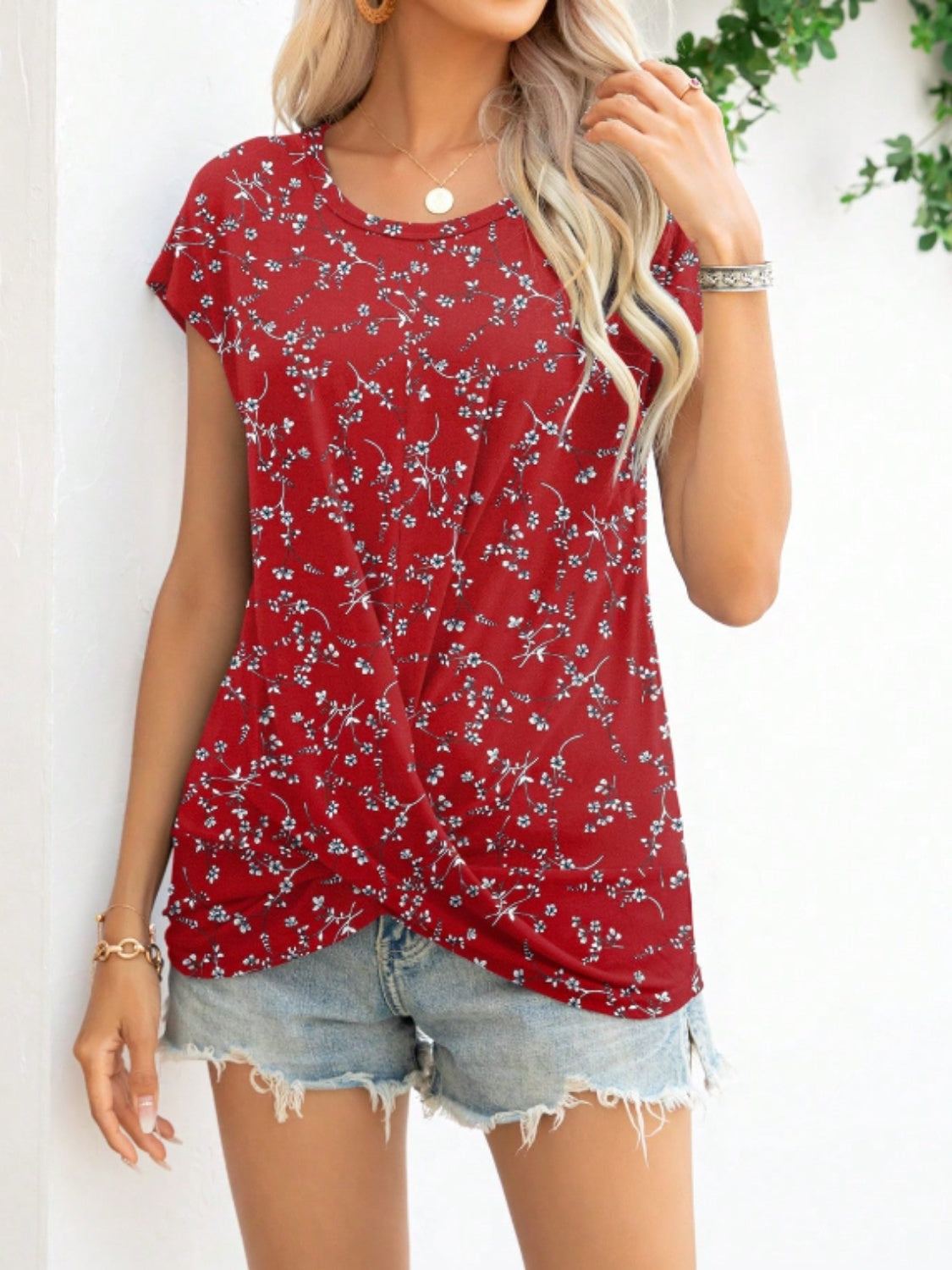 Printed Round Neck Short Sleeve T-Shirt-Angel Casuals