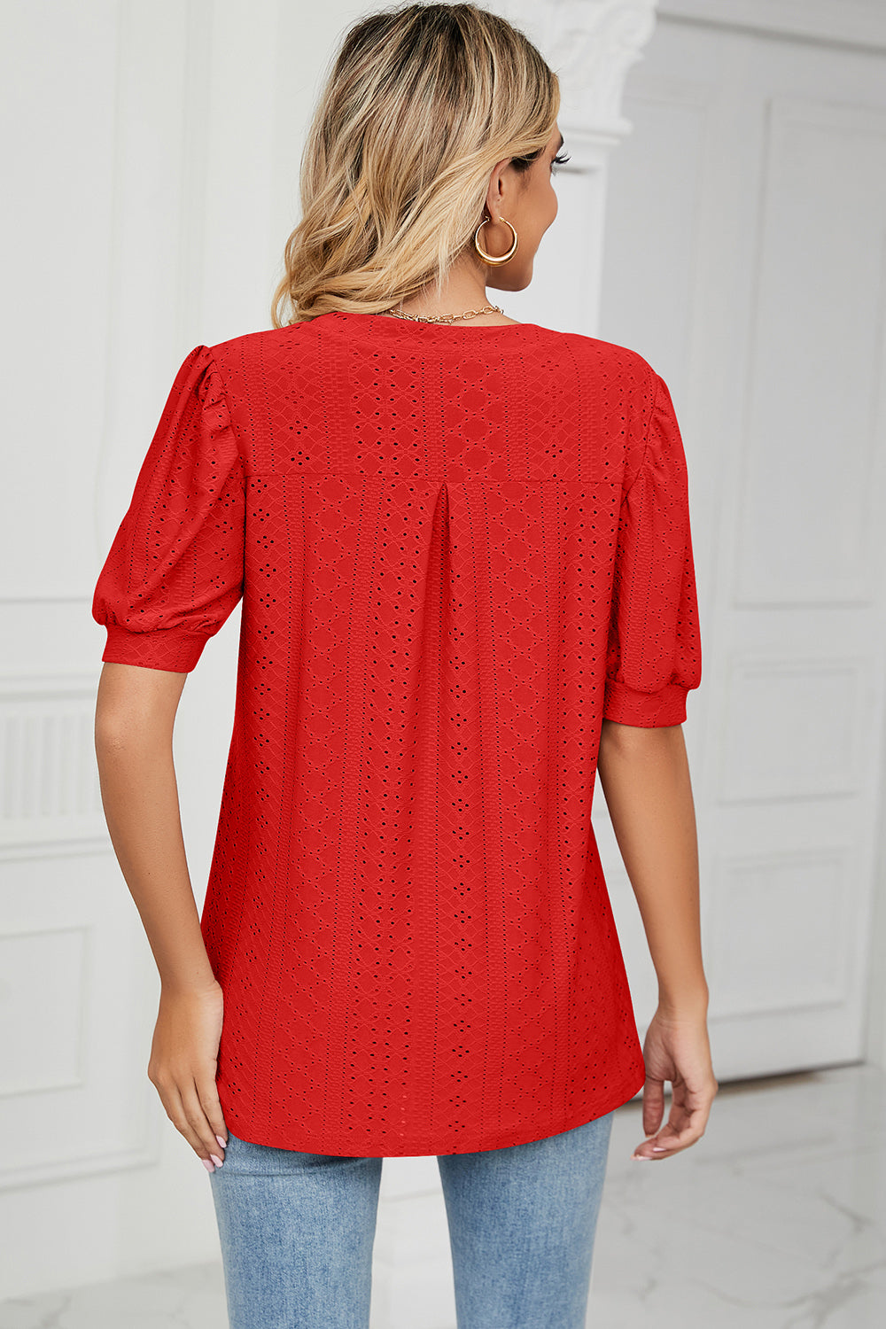 Eyelet Notched Short Sleeve T-Shirt-Angel Casuals