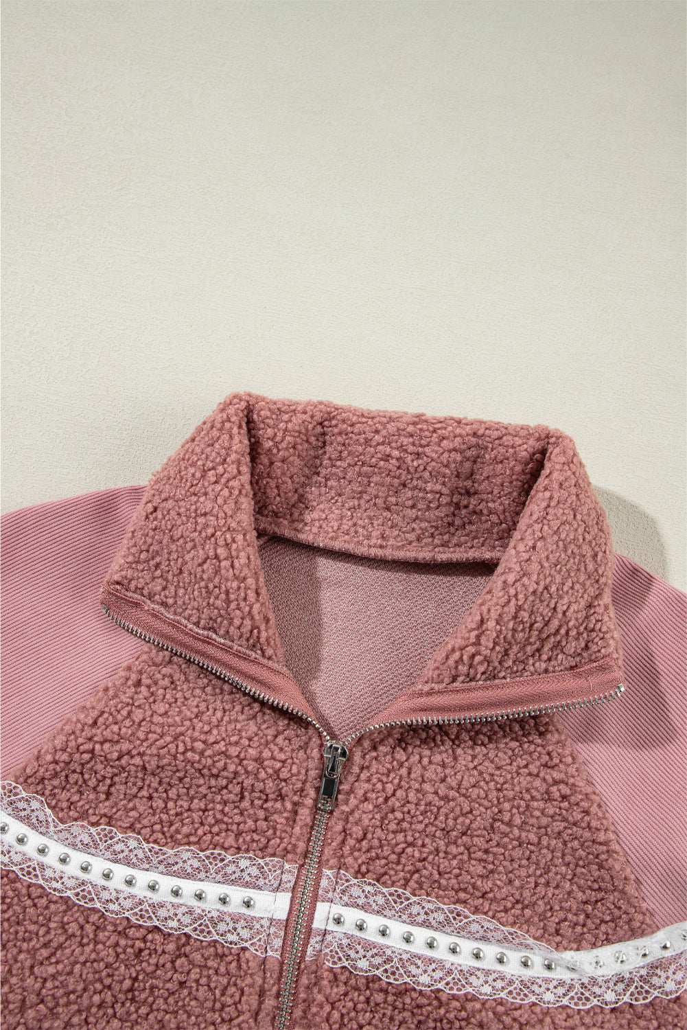 Lace Detail Zip Up Sherpa Patchwork Jacket-Angel Casuals