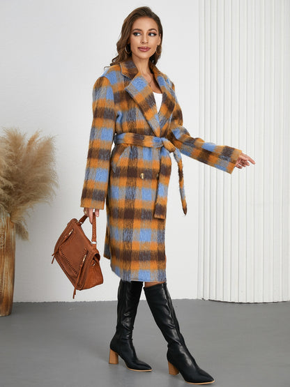 Tied Plaid Collared Neck Coat-Angel Casuals