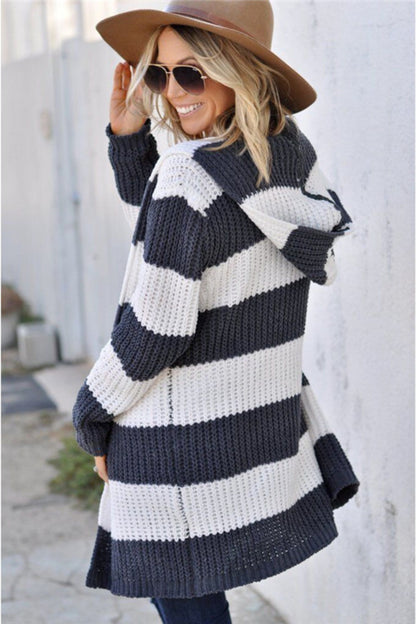 Contrast Stripes Open Front Long Sleeve Cardigan-Angel Casuals