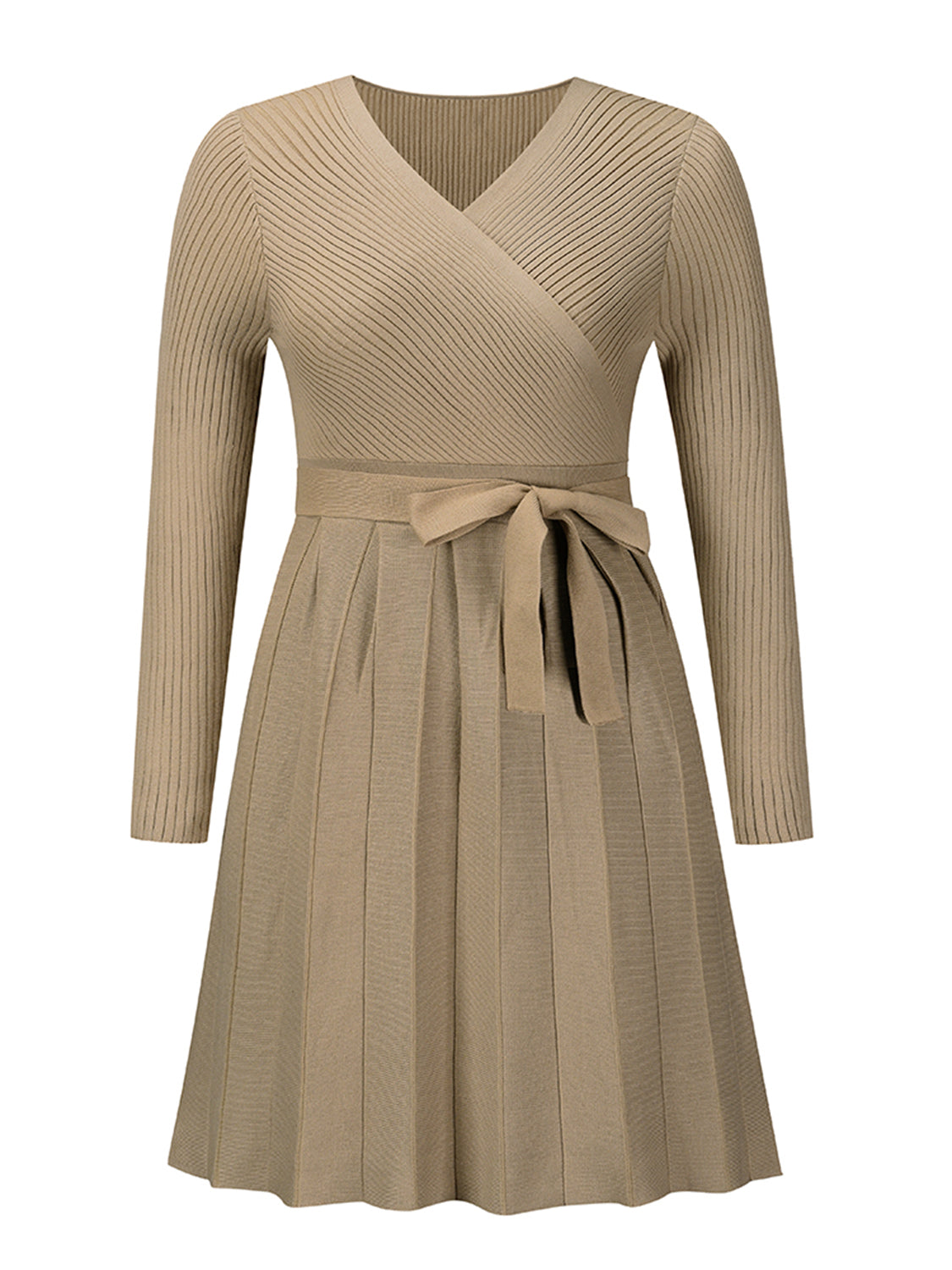 Surplice Neck Tie Front Pleated Sweater Dress-Angel Casuals