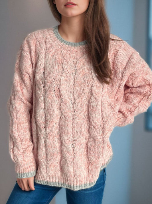 Cable Knit Round Neck Long Sleeve Sweater-Angel Casuals