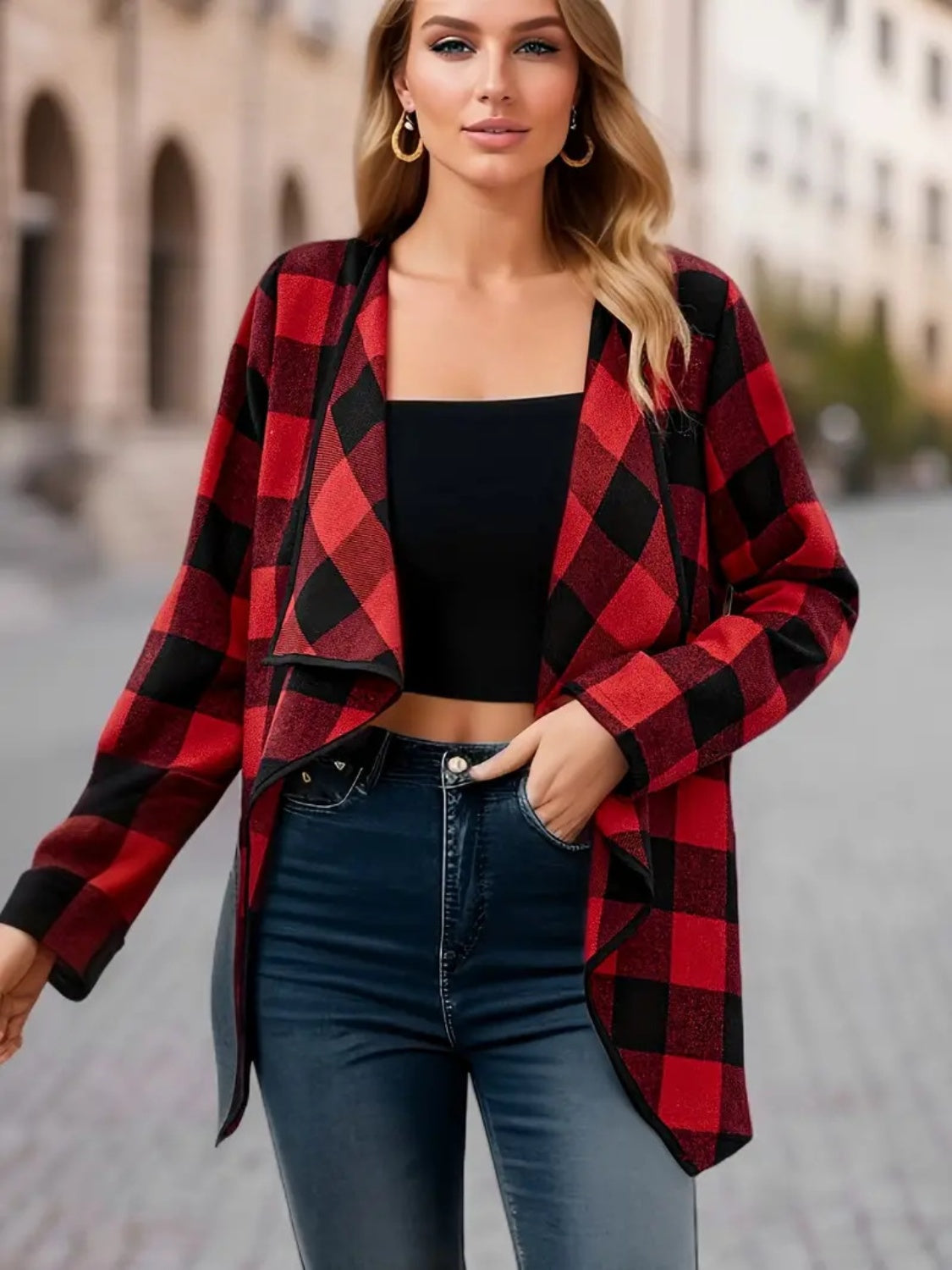 Plaid Open Front Long Sleeve Jacket-Angel Casuals