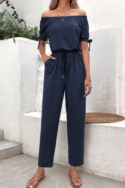 Off-Shoulder Tie Cuff Jumpsuit with Pockets-Angel Casuals