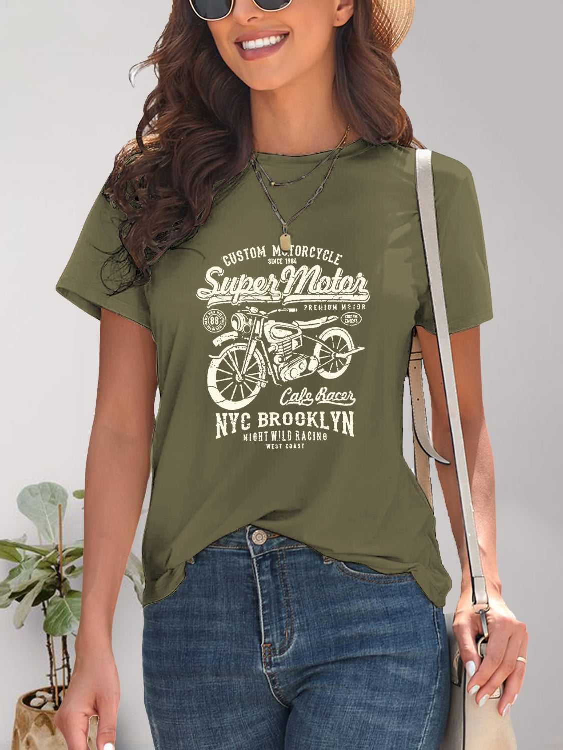 Motorcycle Graphic Round Neck T-Shirt-Angel Casuals