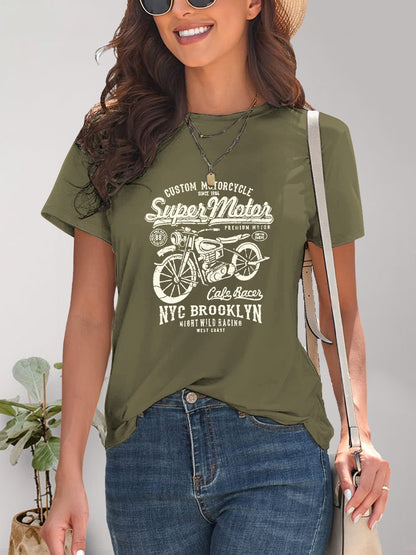 Motorcycle Graphic Round Neck T-Shirt-Angel Casuals