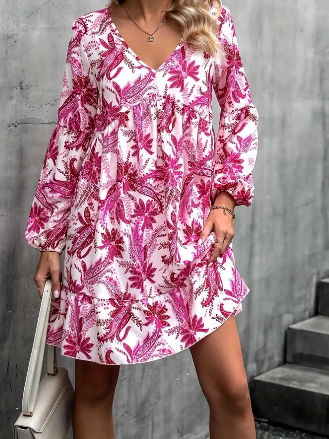 Floral V-Neck Balloon Sleeve Dress-Angel Casuals