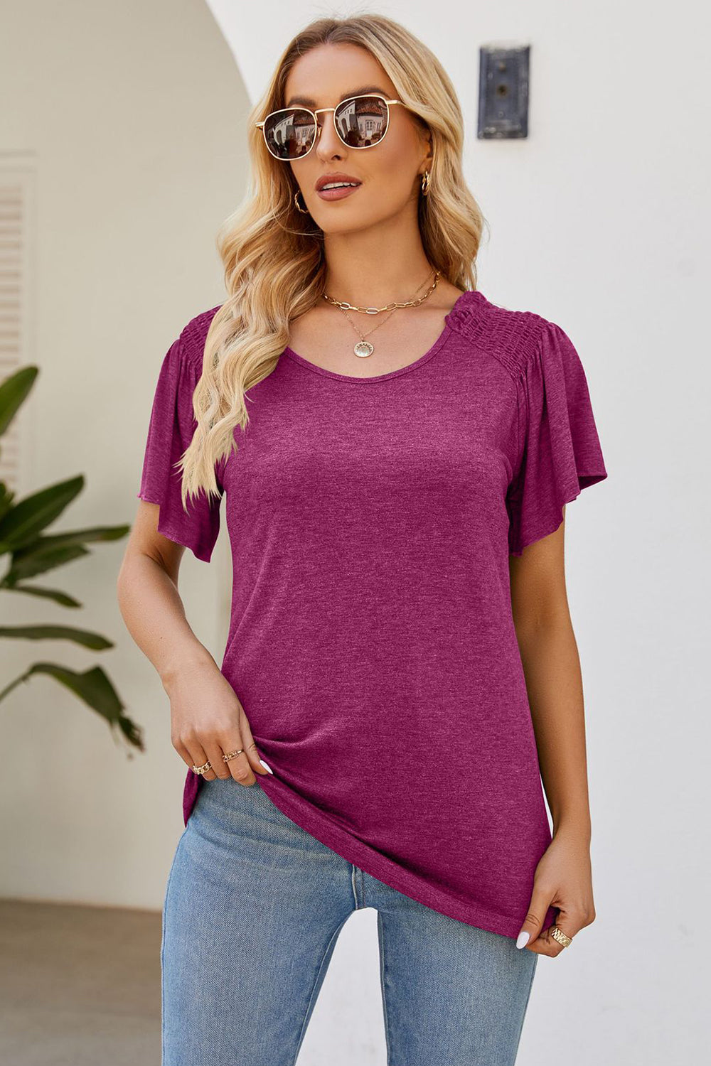 Smocked Round Neck Flutter Sleeve T-Shirt-Angel Casuals