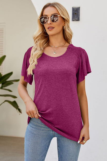 Smocked Round Neck Flutter Sleeve T-Shirt-Angel Casuals