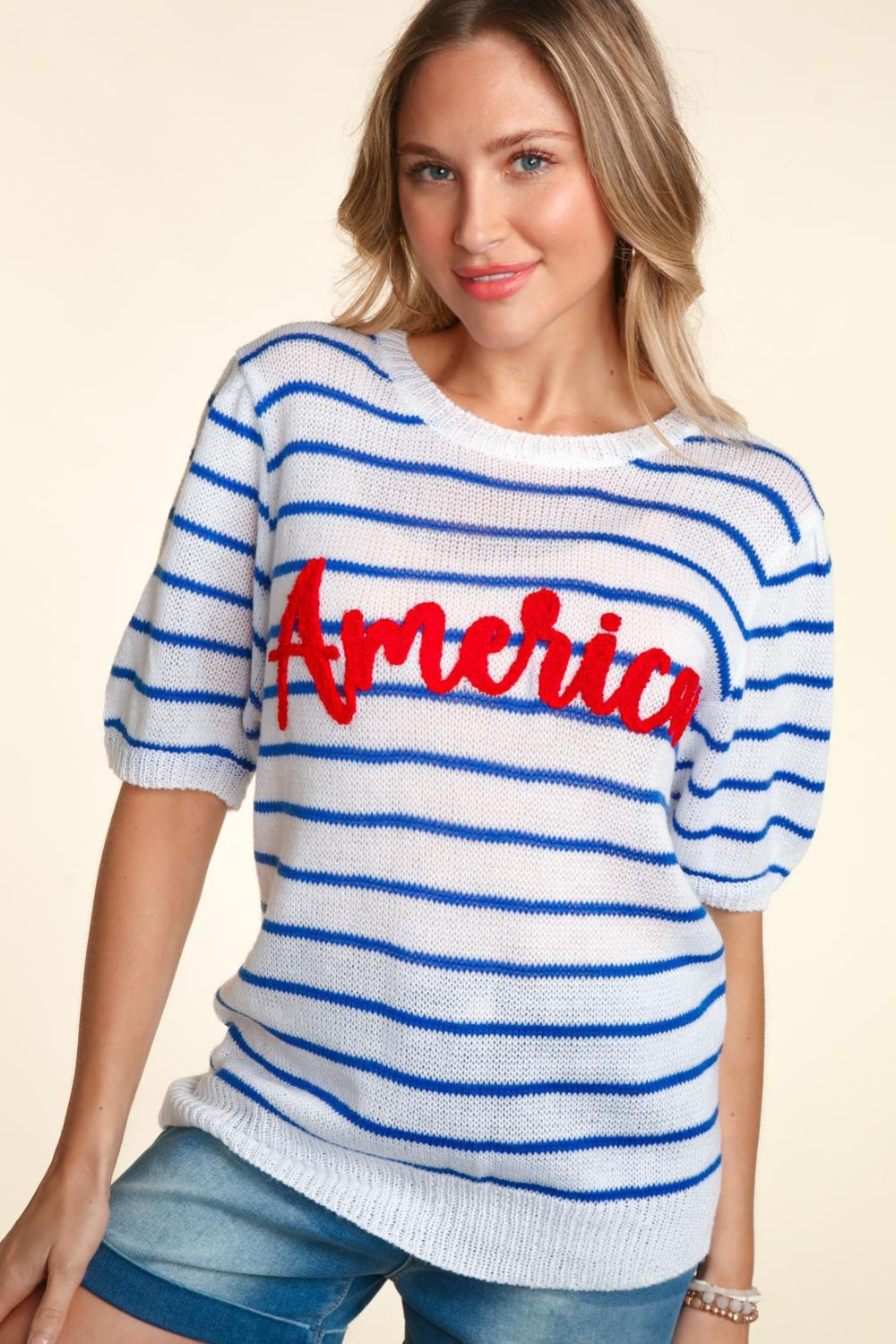 Haptics Letter Embroidery Striped Knit Top-Angel Casuals