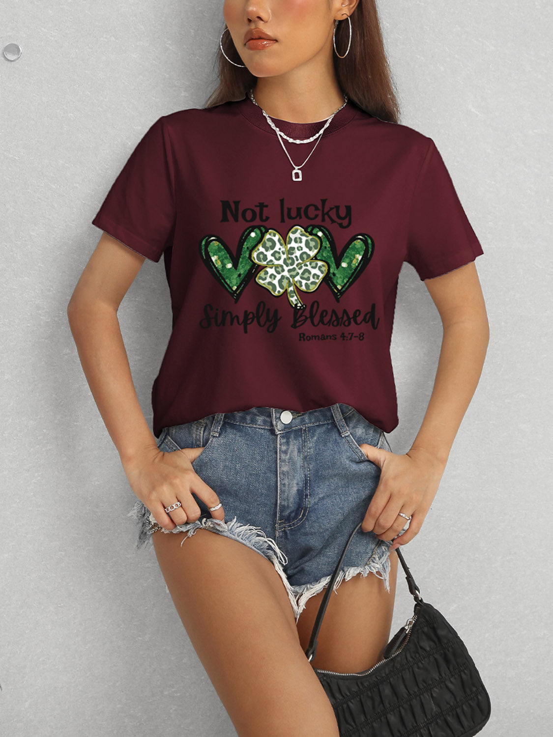 Lucky Clover Round Neck Short Sleeve T-Shirt-Angel Casuals