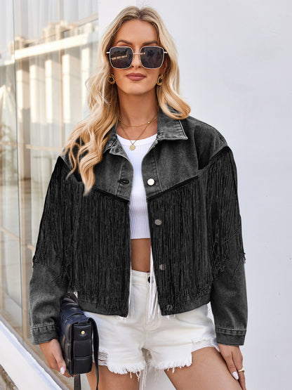 Tassel Button Up Dropped Shoulder Denim Jacket-Angel Casuals