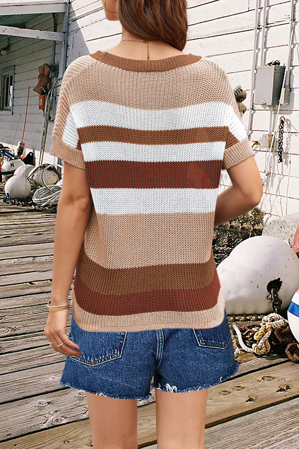 Striped Round Neck Short Sleeve Knit Top-Angel Casuals