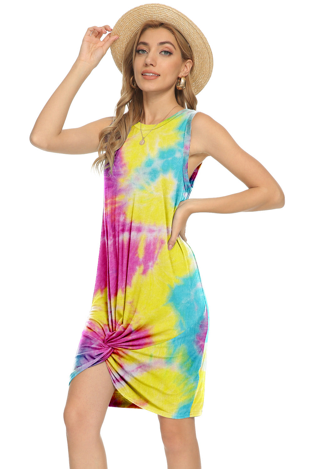 Tie-Dye Twisted Round Neck Sleeveless Dress-Angel Casuals