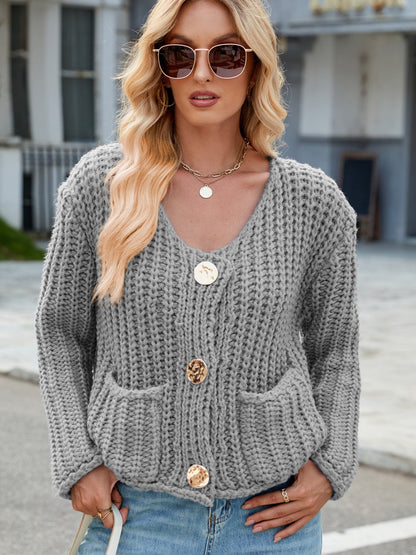 Round Neck Button Up Cardigan with Pockets-Angel Casuals