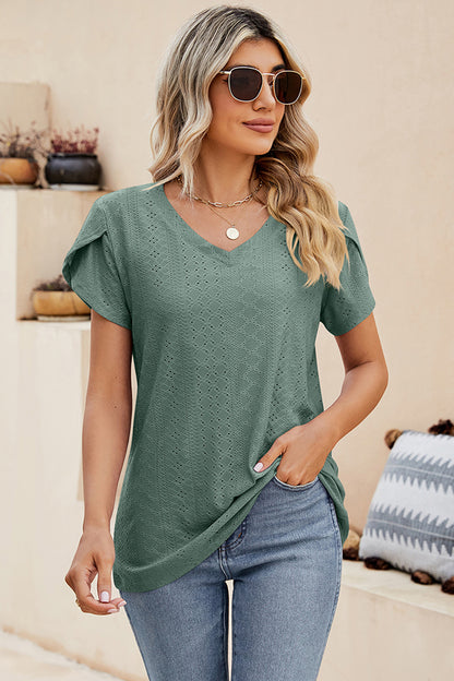 Eyelet V-Neck Petal Sleeve T-Shirt-Angel Casuals