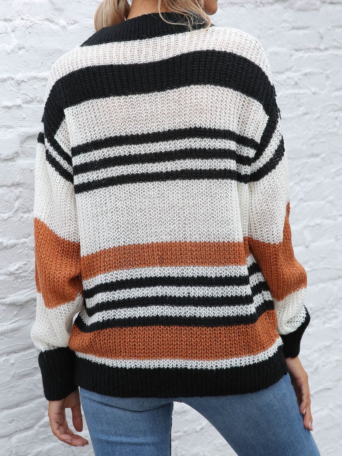 Contrast Striped Round Neck Long Sleeve Sweater-Angel Casuals