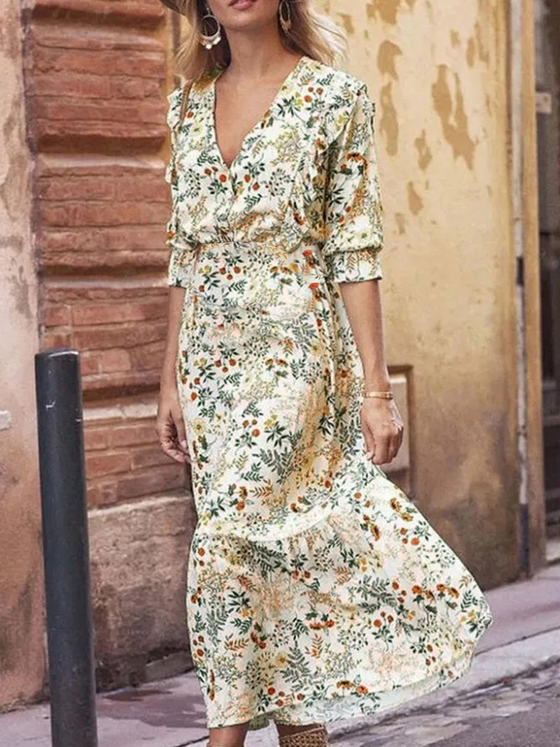 Floral Cutout Flounce Sleeve Dress-Angel Casuals