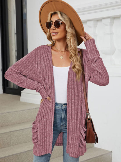 Pocketed Open Front Long Sleeve Cardigan-Angel Casuals