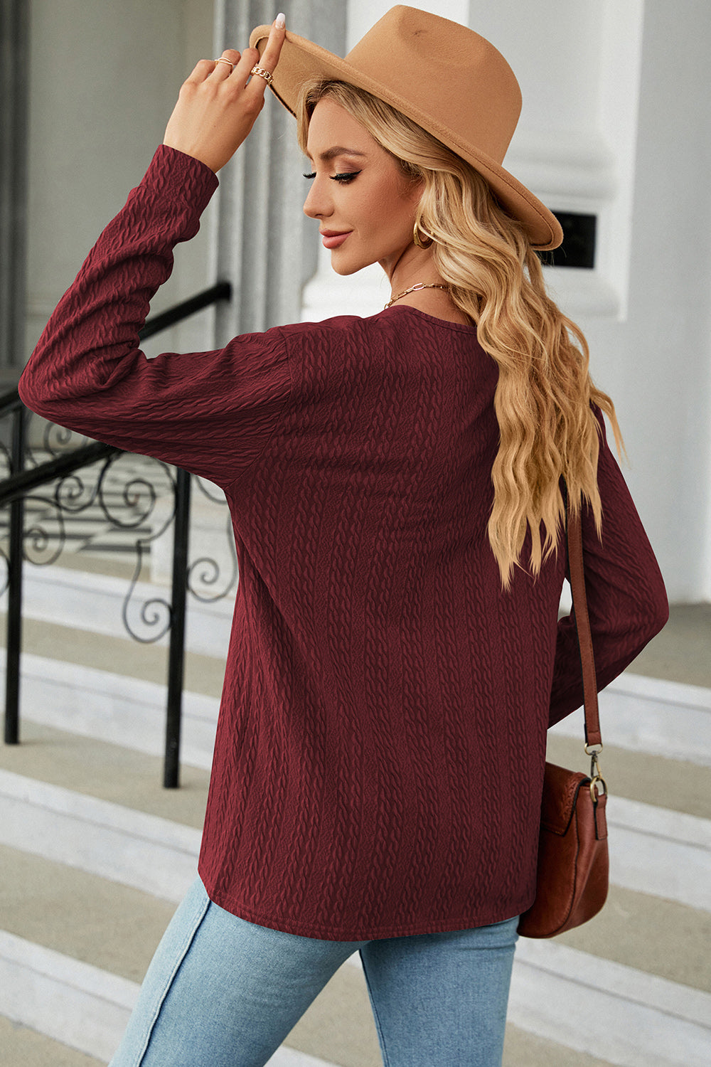 Decorative Button V-Neck Long Sleeve T-Shirt-Angel Casuals