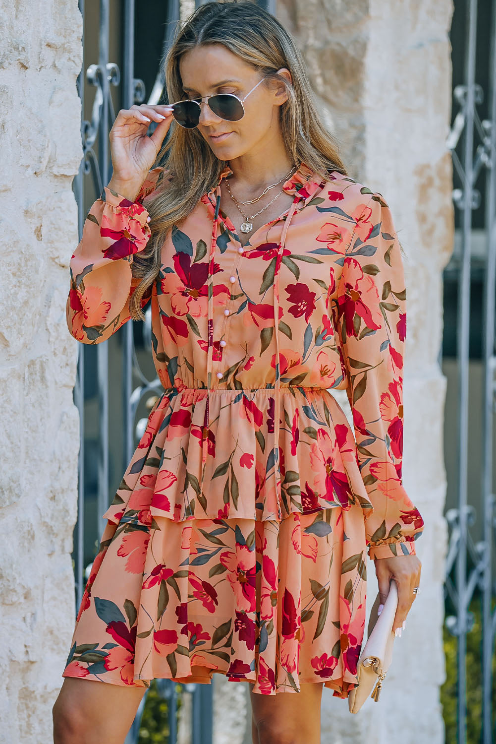 Floral Tie Neck Long Sleeve Layered Dress-Angel Casuals