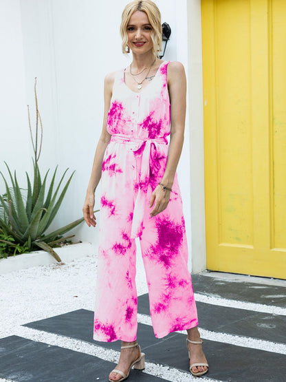 Tie-Dye Tie Waist Sleeveless Jumpsuit-Angel Casuals