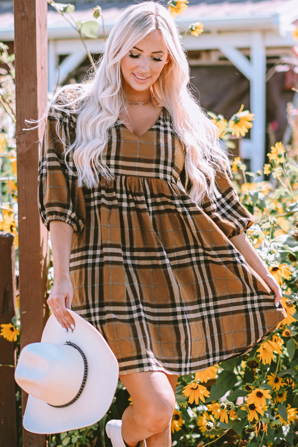 Plaid V-Neck Balloon Sleeve Dress-Angel Casuals