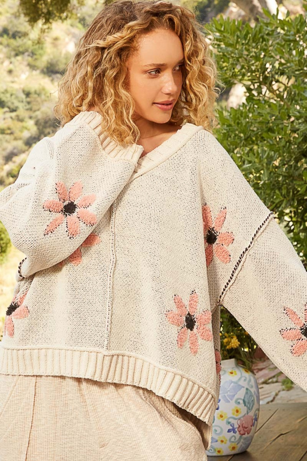 POL V-Neck Floral Pattern Chenille Sweater-Angel Casuals