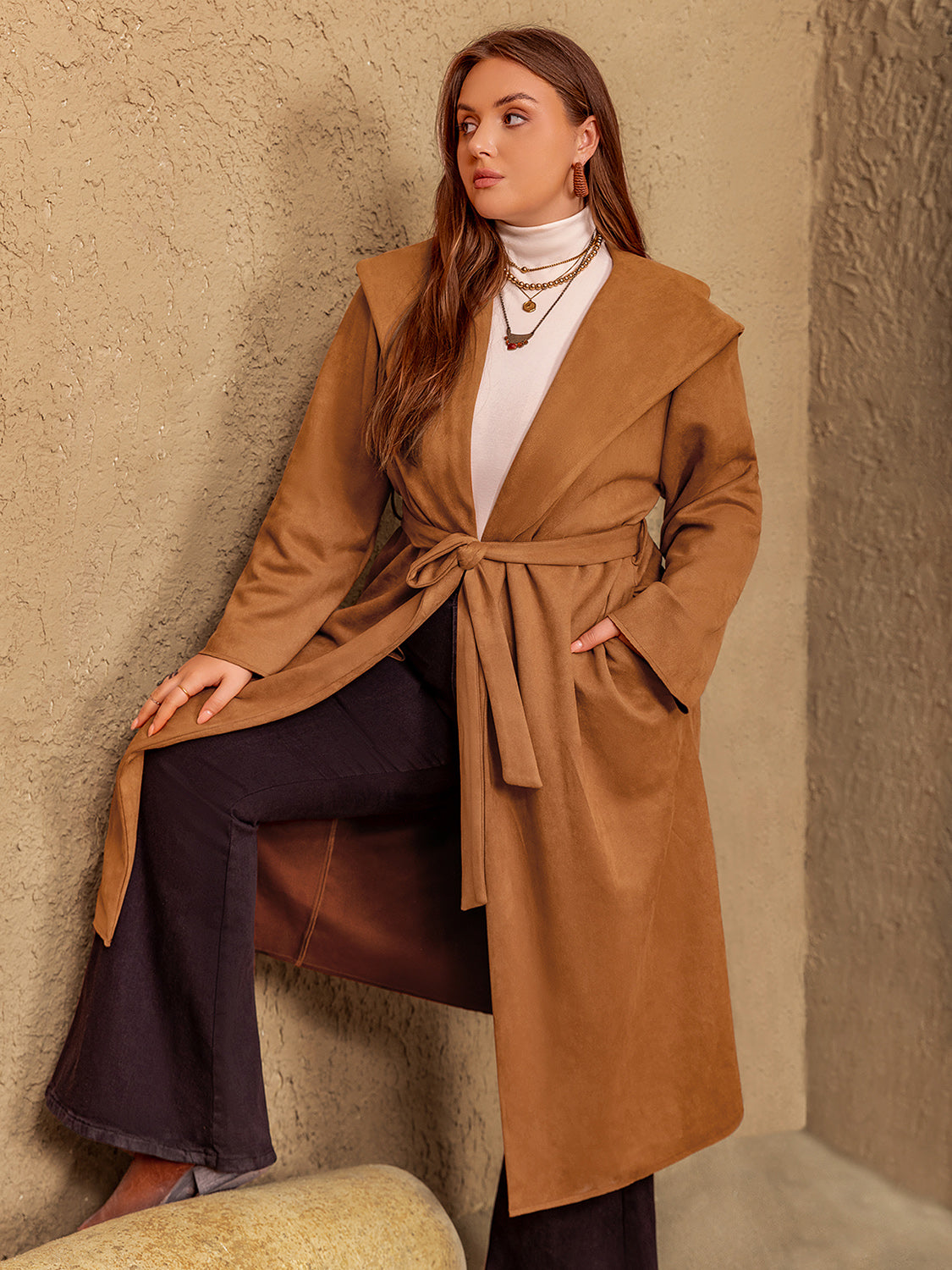 Plus Size Tied Long Sleeve Hooded Coat with Pockets-Angel Casuals